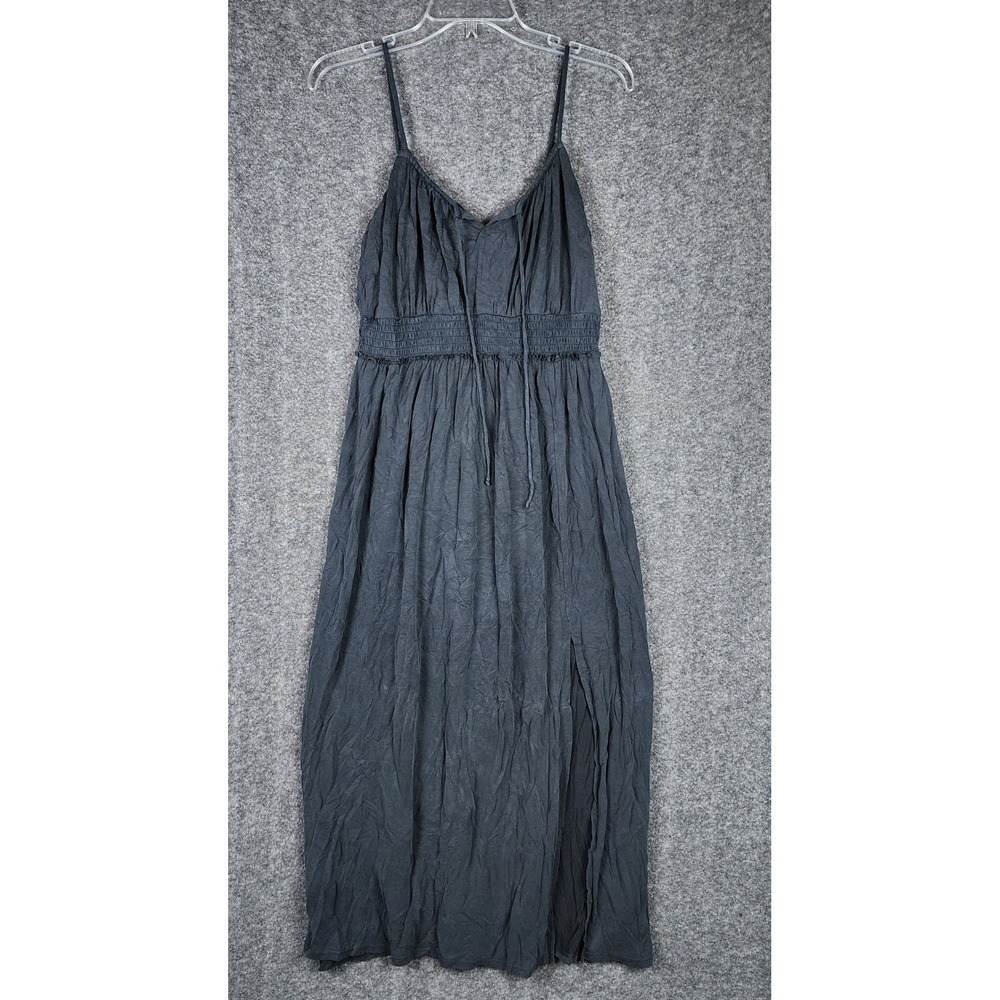 Lucky Brand Maxi Dress Womens M Gray Smocked Waist Side Slit Boho EUC